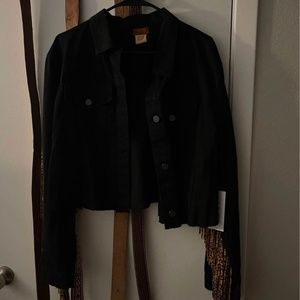 Scully Black Denim Jacket With Cheetah Fringe